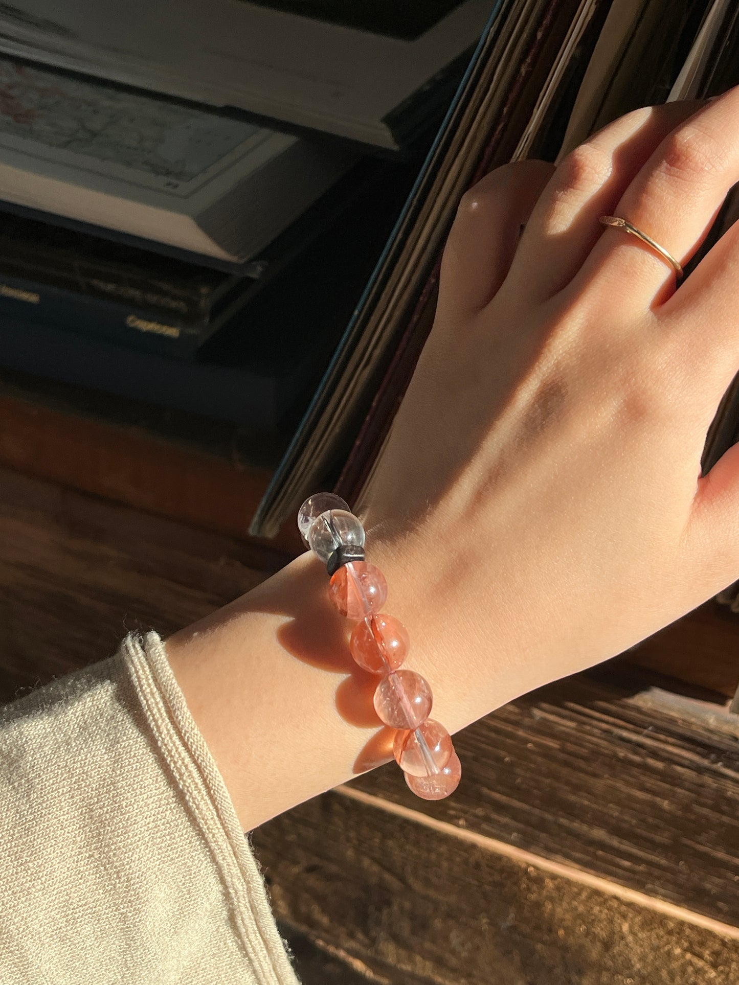 Rose-Tone Crystal & Clear Quartz Bracelet with Red Cypress Wood
