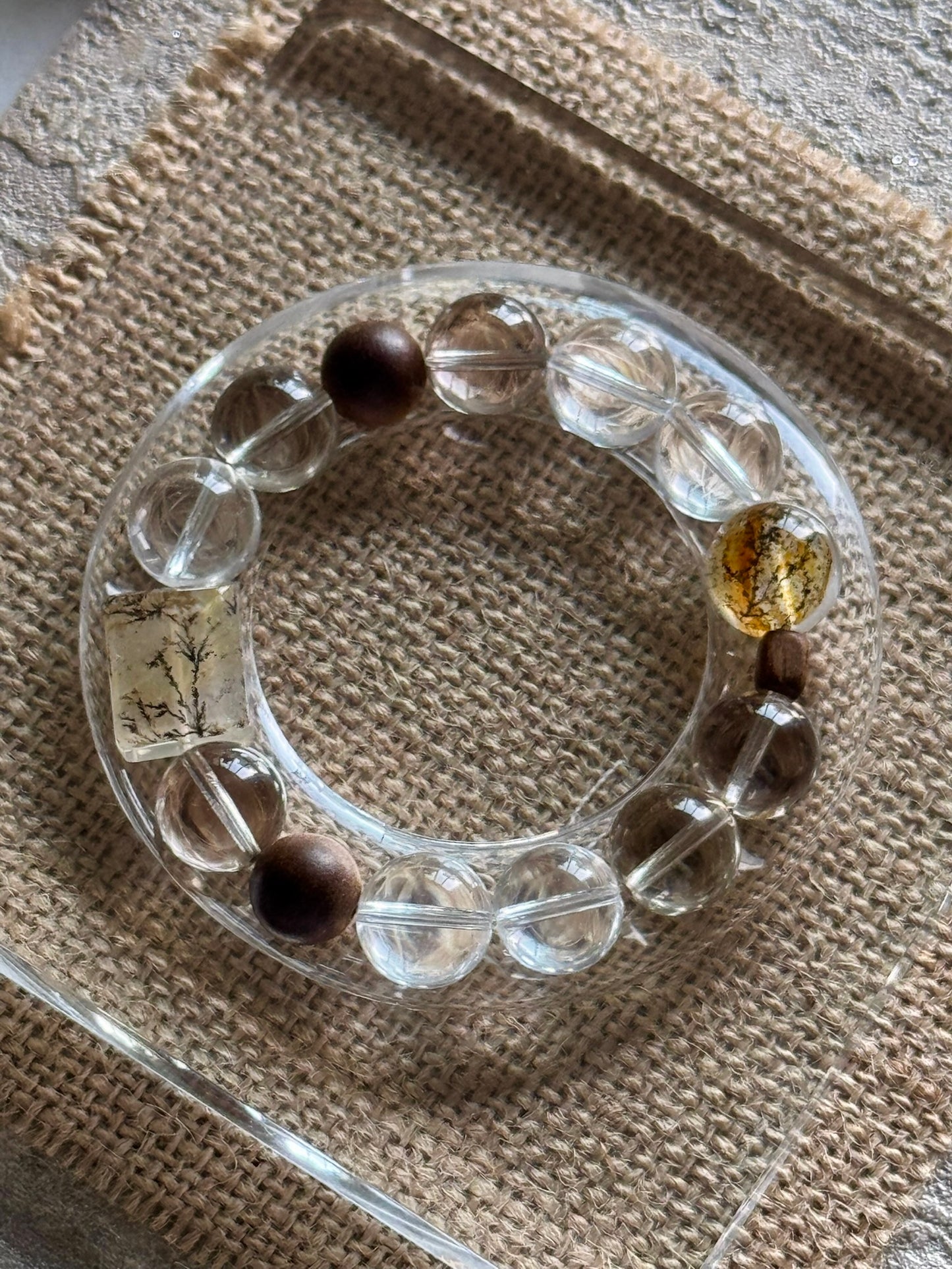 Natural Crystal & Wood Harmony Bracelet | Clear Quartz · Smoky Quartz · Orange Moonstone · Tree-Inclusion Crystal