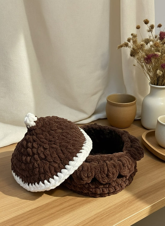 Handmade Chestnut Crochet Storage Basket with Lid