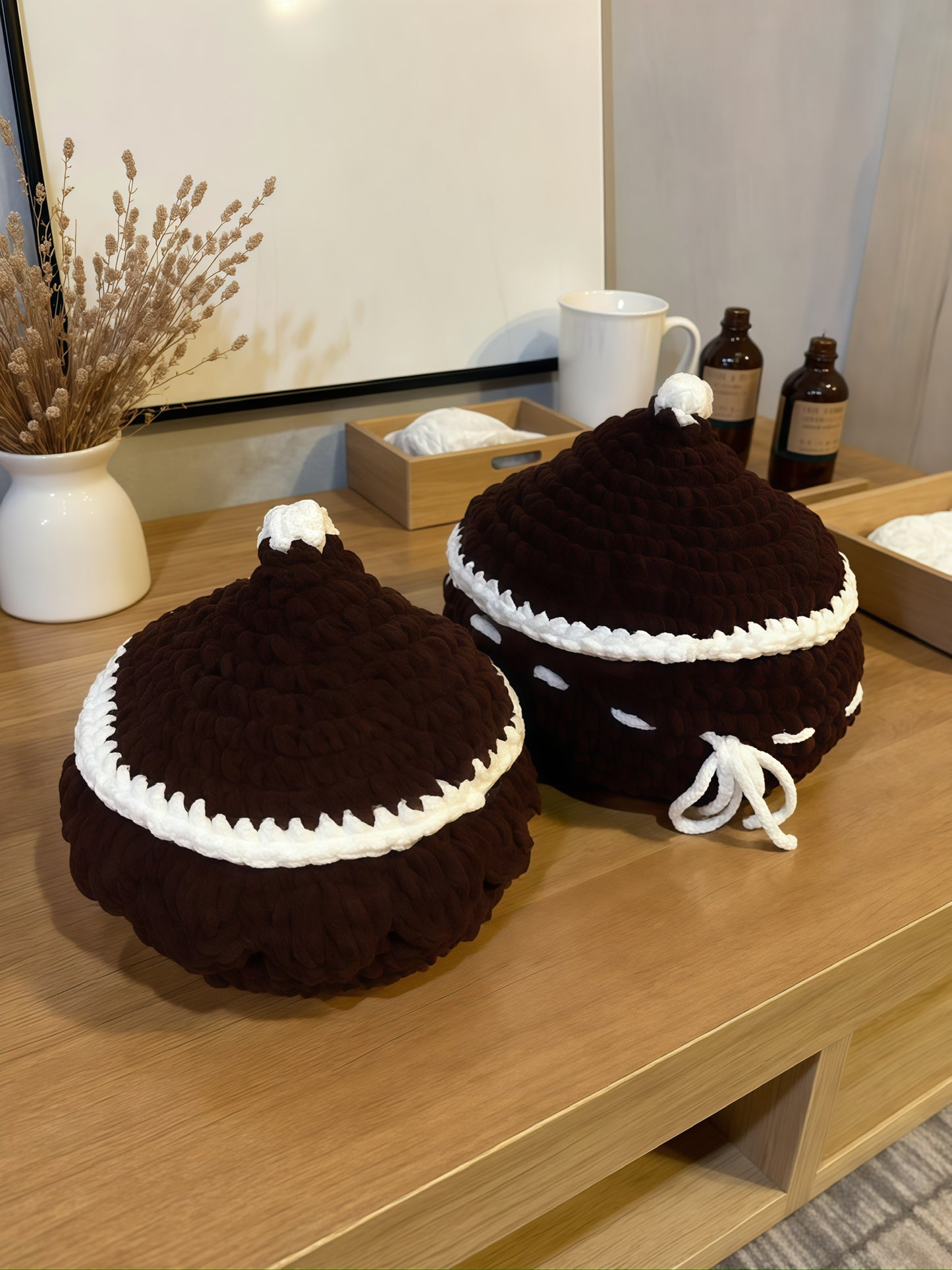 Handmade Chestnut Crochet Storage Basket with Lid