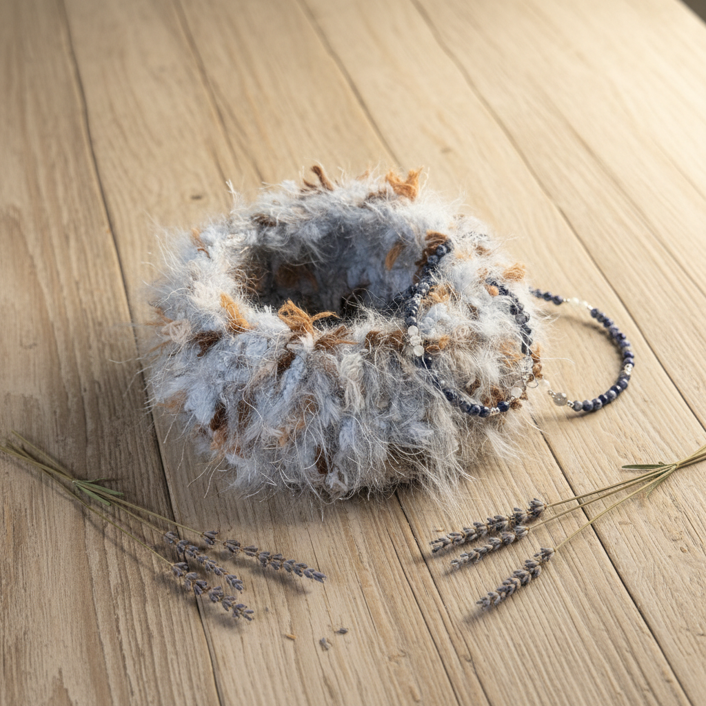 Handmade Fluffy Crochet Basket – Blue &amp; Chestnut Tones