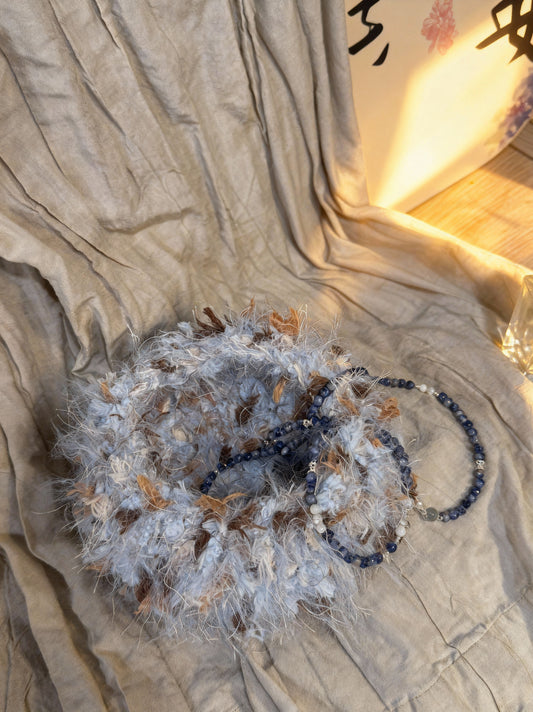 Handmade Fluffy Crochet Basket – Blue &amp; Chestnut Tones