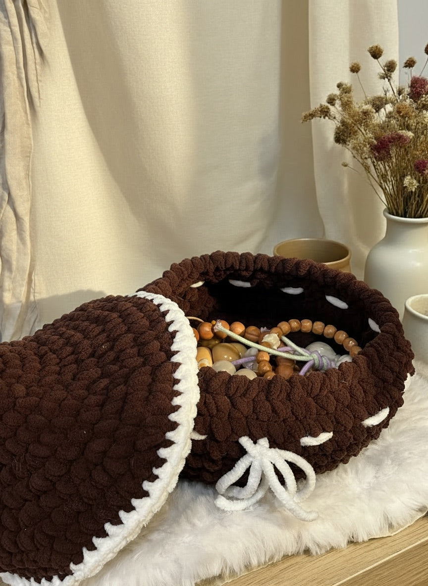 Handmade Chestnut Crochet Storage Basket with Lid