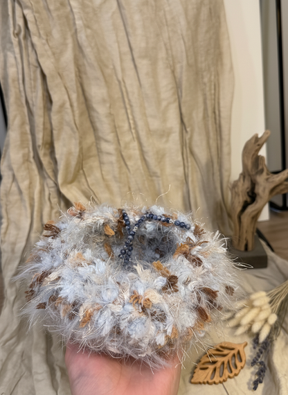 Handmade Fluffy Crochet Basket – Blue &amp; Chestnut Tones