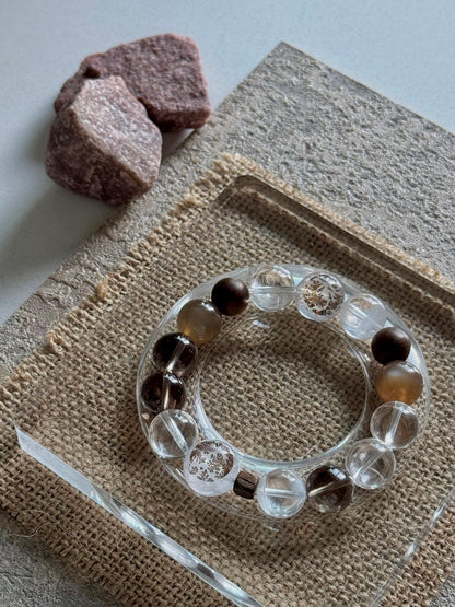 Natural Crystal & Wood Harmony Bracelet | Clear Quartz · Smoky Quartz · Orange Moonstone · Tree-Inclusion Crystal
