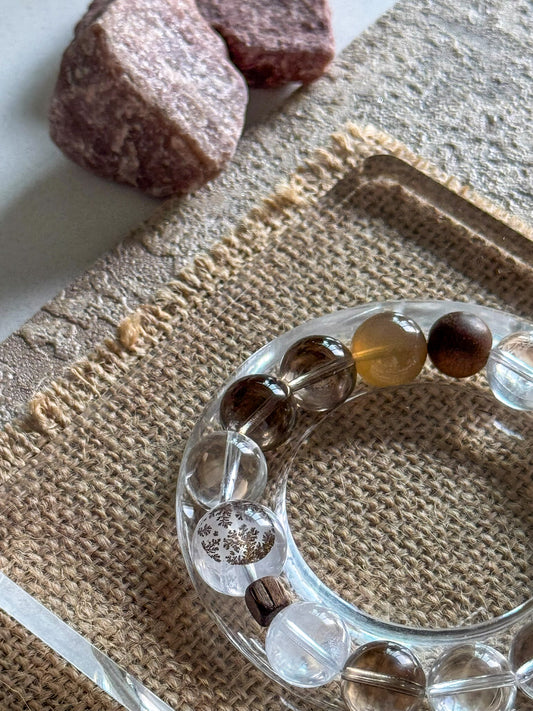 Natural Crystal & Wood Harmony Bracelet | Clear Quartz · Smoky Quartz · Orange Moonstone · Tree-Inclusion Crystal