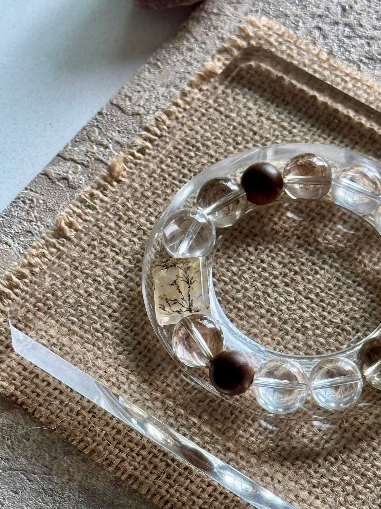 Natural Crystal & Wood Harmony Bracelet | Clear Quartz · Smoky Quartz · Orange Moonstone · Tree-Inclusion Crystal