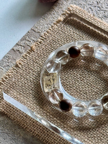 Natural Crystal & Wood Harmony Bracelet | Clear Quartz · Smoky Quartz · Orange Moonstone · Tree-Inclusion Crystal