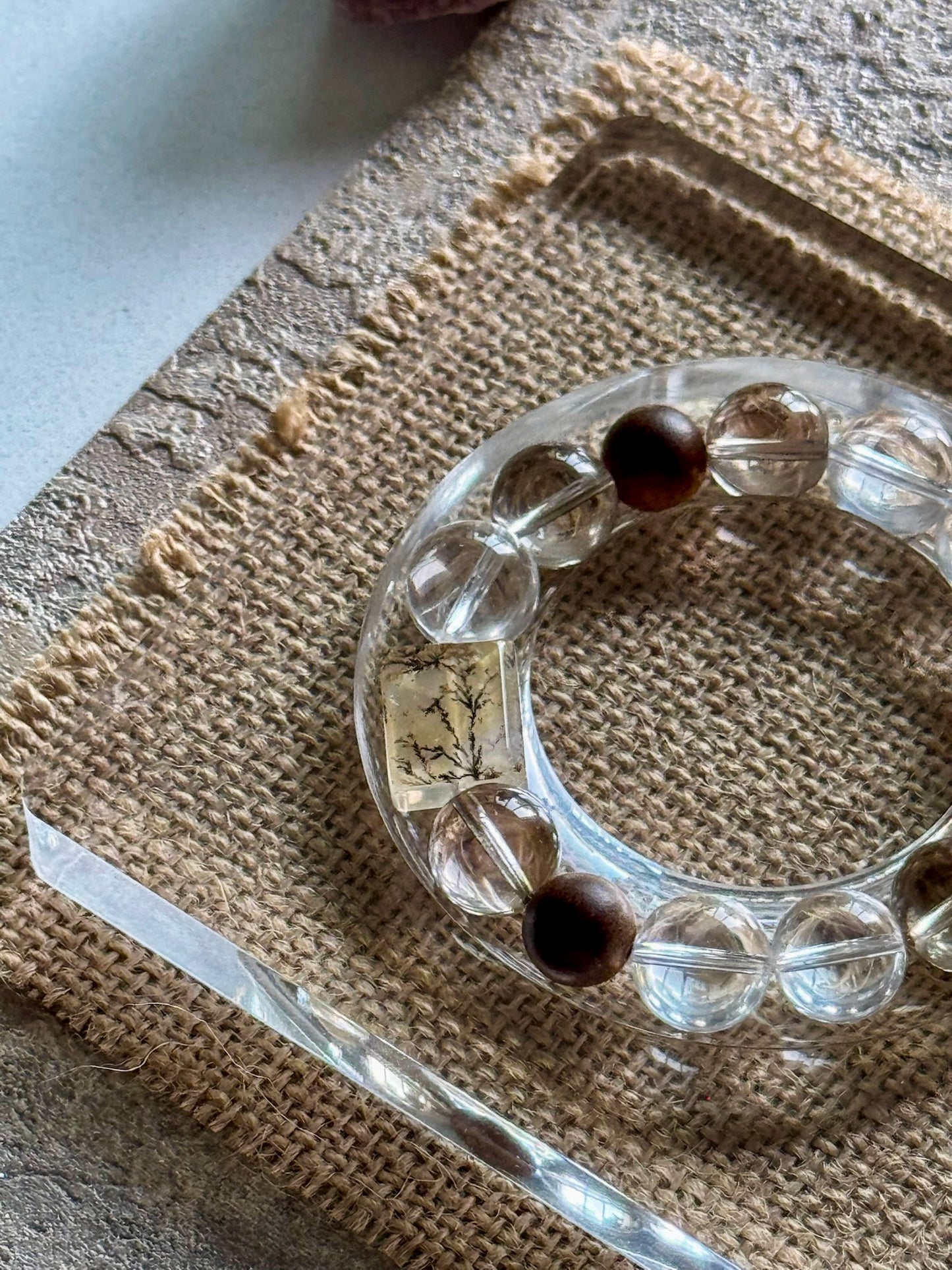 Natural Crystal & Wood Harmony Bracelet | Clear Quartz · Smoky Quartz · Orange Moonstone · Tree-Inclusion Crystal