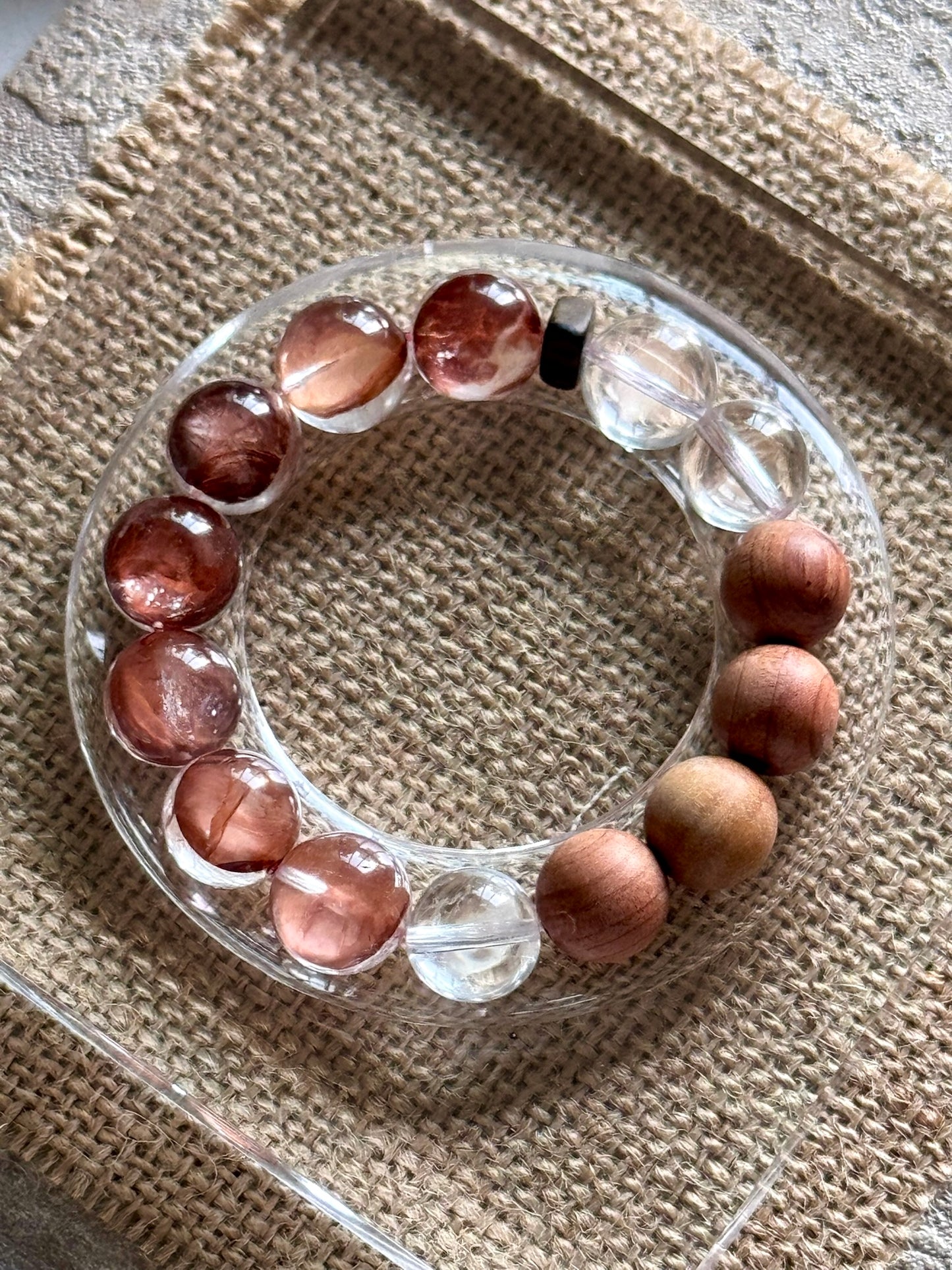 Rose-Tone Crystal & Clear Quartz Bracelet with Red Cypress Wood