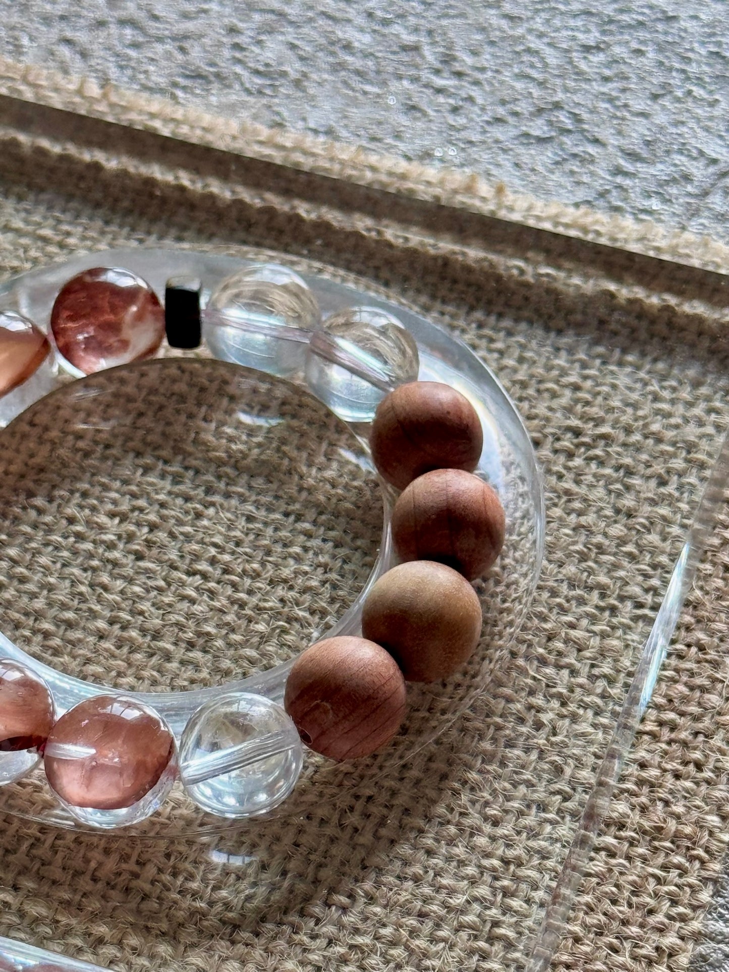Rose-Tone Crystal & Clear Quartz Bracelet with Red Cypress Wood